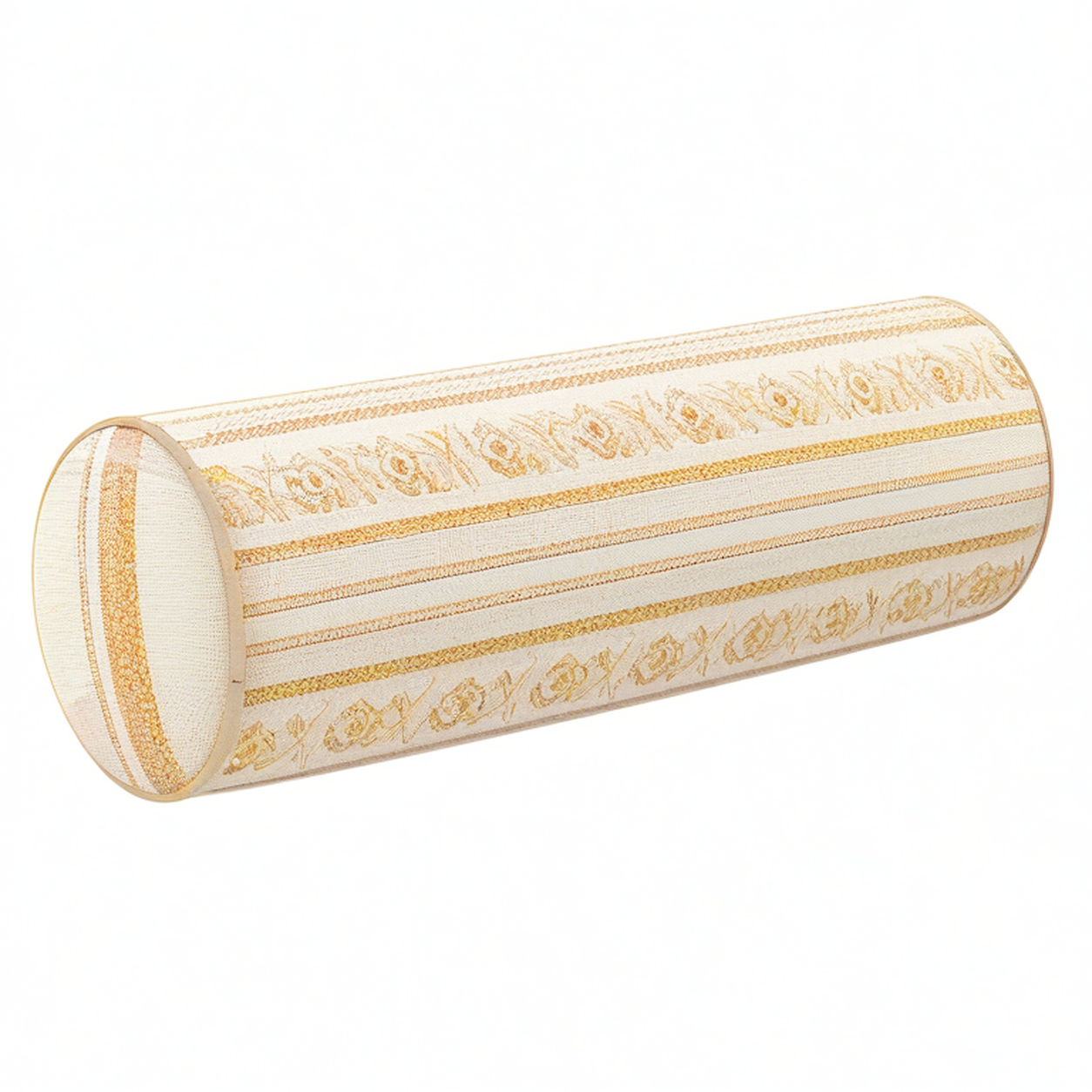 Cojín cilíndrico 15 x 50 cm de tejido beige y mostaza con estampado geométrico decorativo