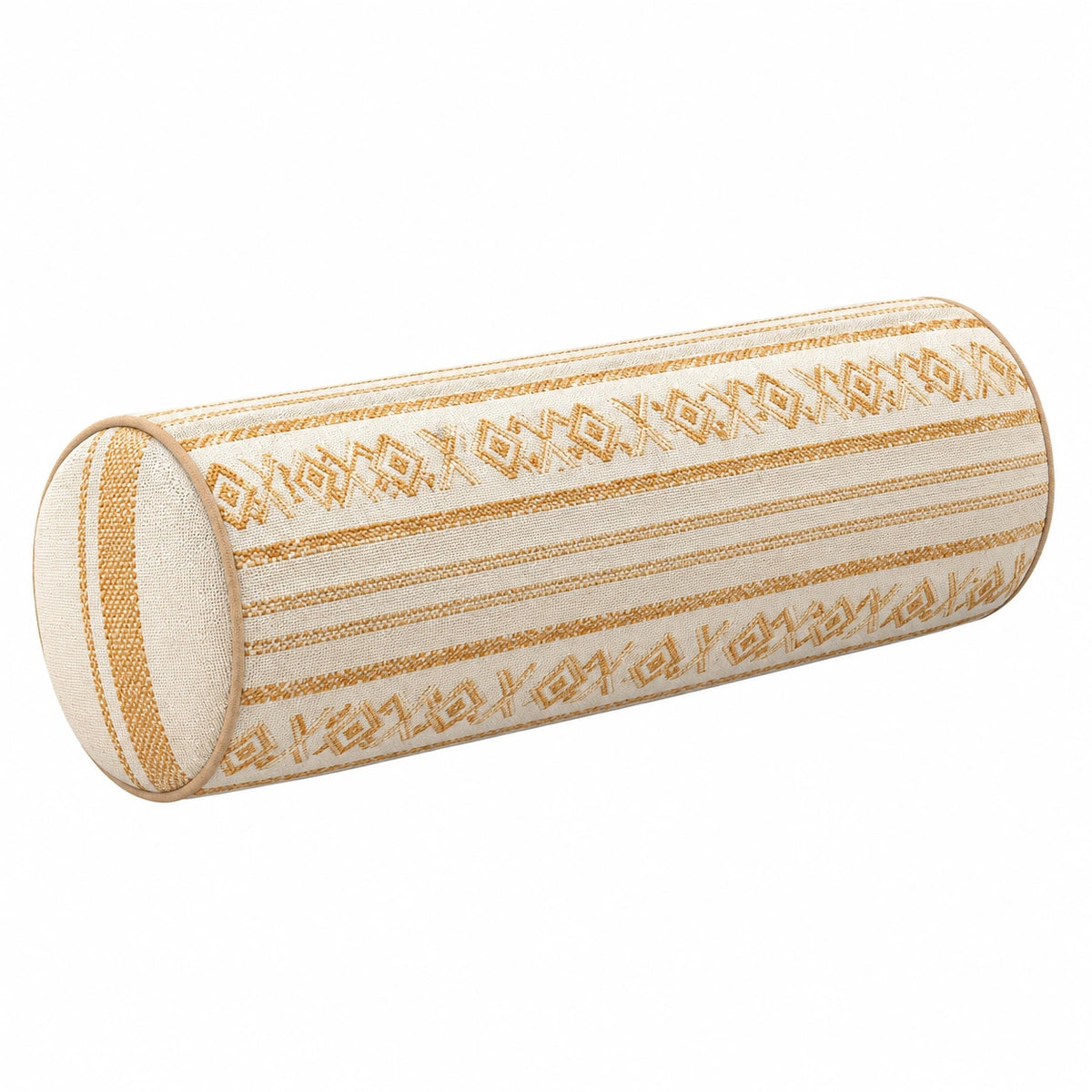 Cojín cilíndrico 15 x 50 cm de tejido beige y mostaza con estampado geométrico decorativo
