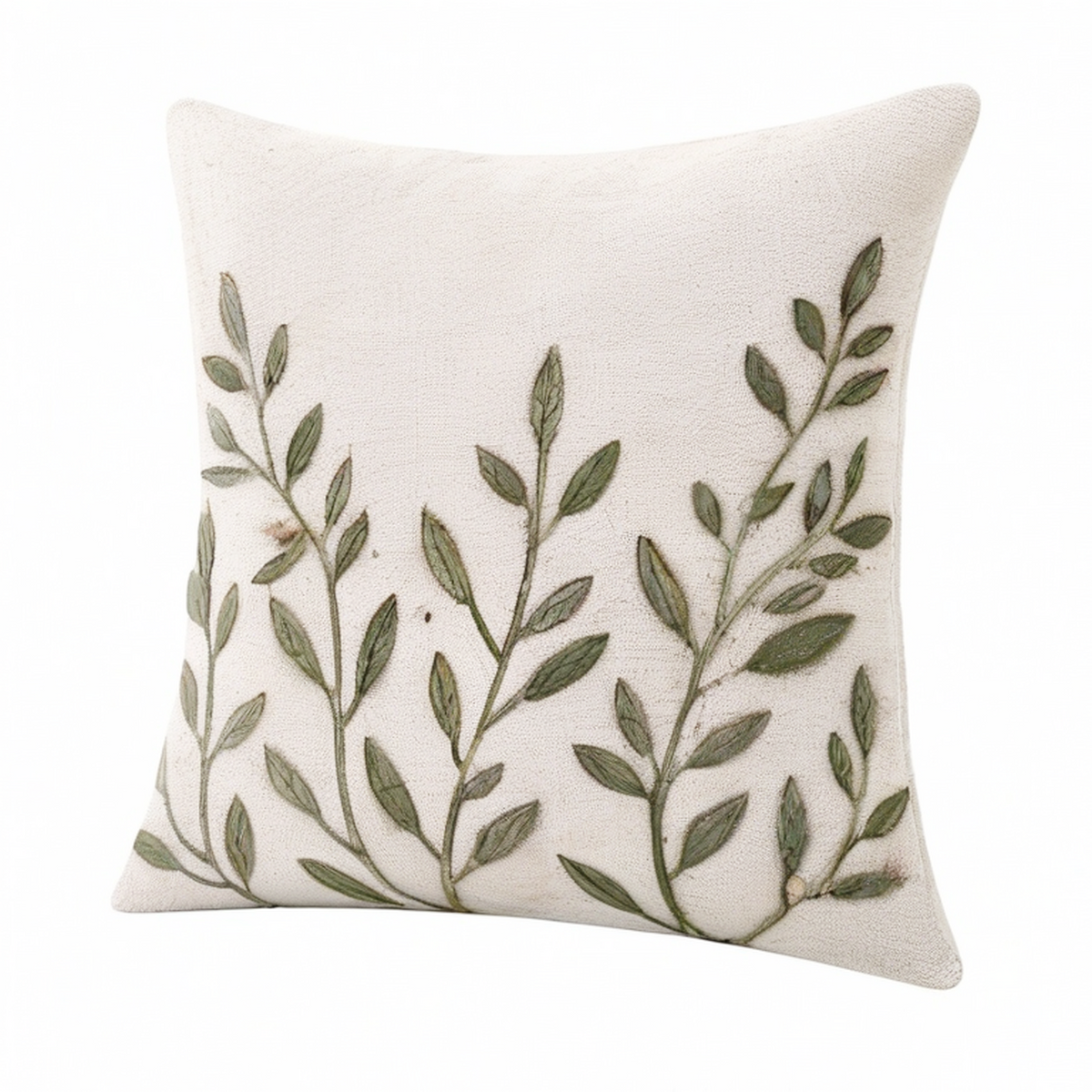 Cojín decorativo 45 x 45 cm textil beige y verde con bordado botánico