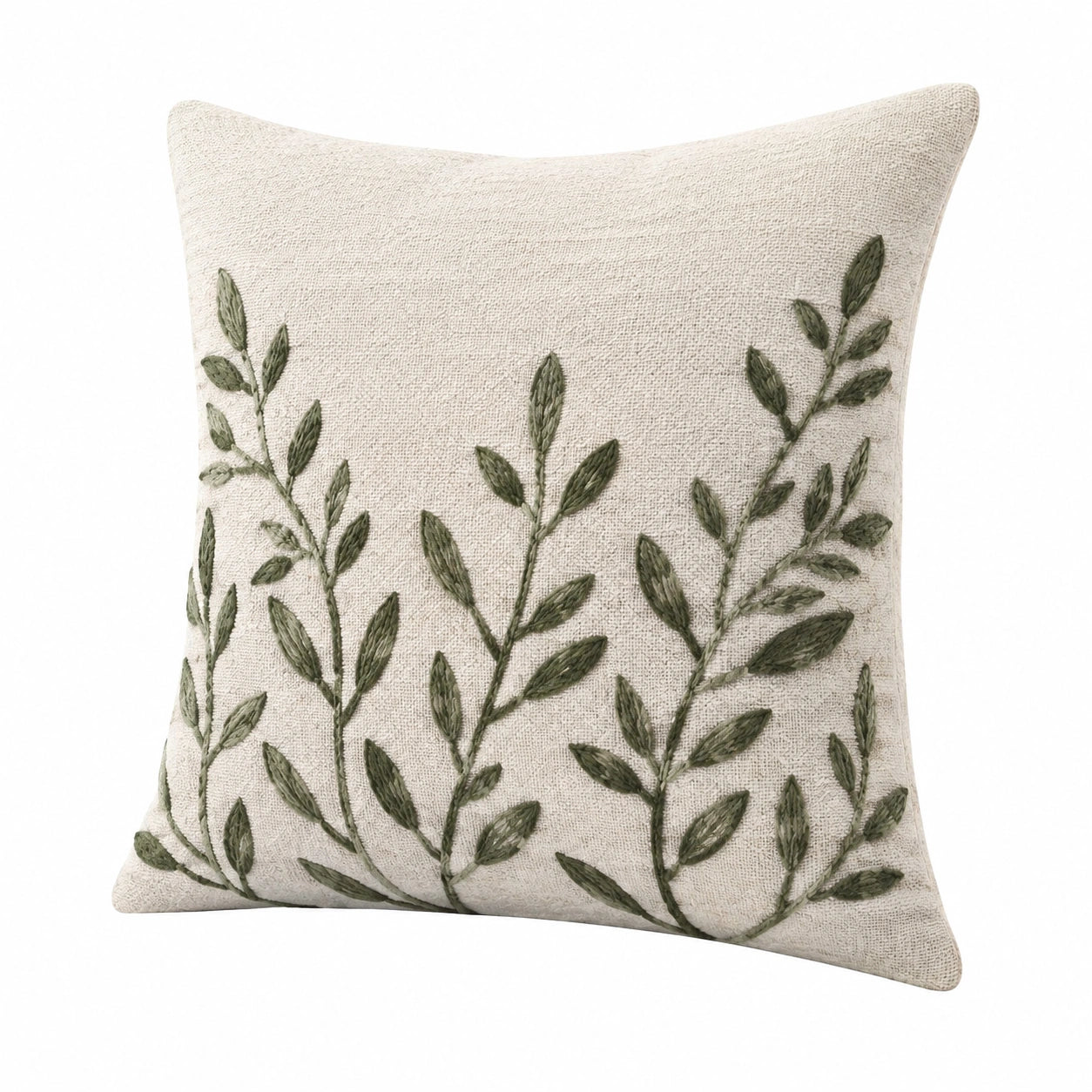 Cojín decorativo 45 x 45 cm textil beige y verde con bordado botánico