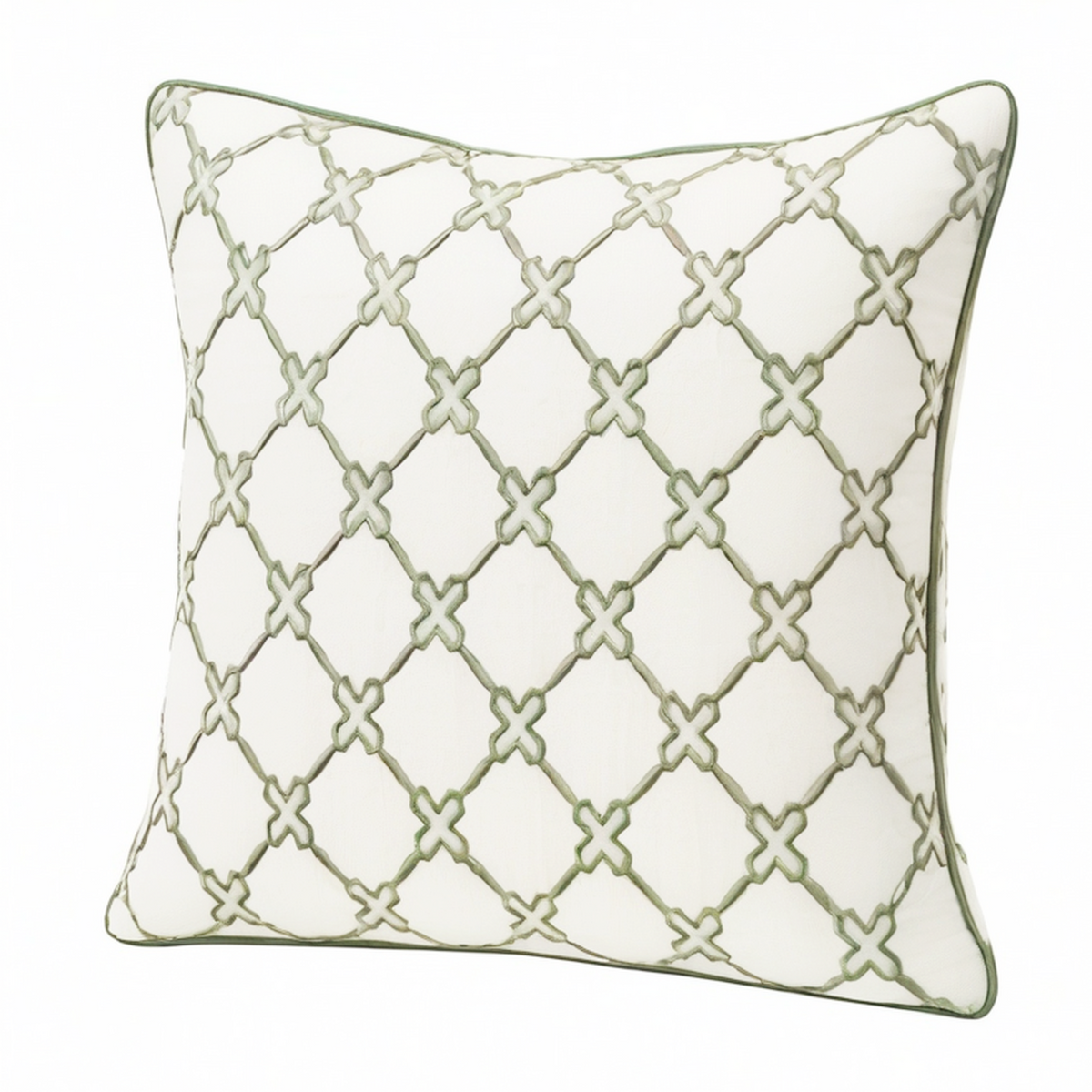 Cojín cuadrado 45 cm de tela blanco y verde con bordado decorativo