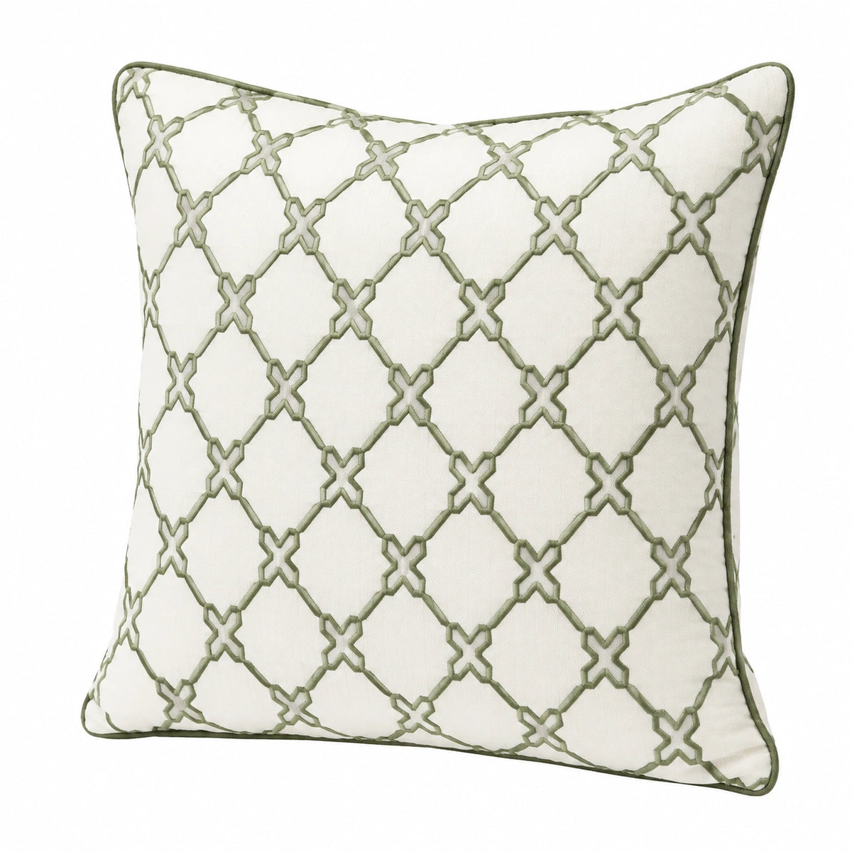 Cojín cuadrado 45 cm de tela blanco y verde con bordado decorativo