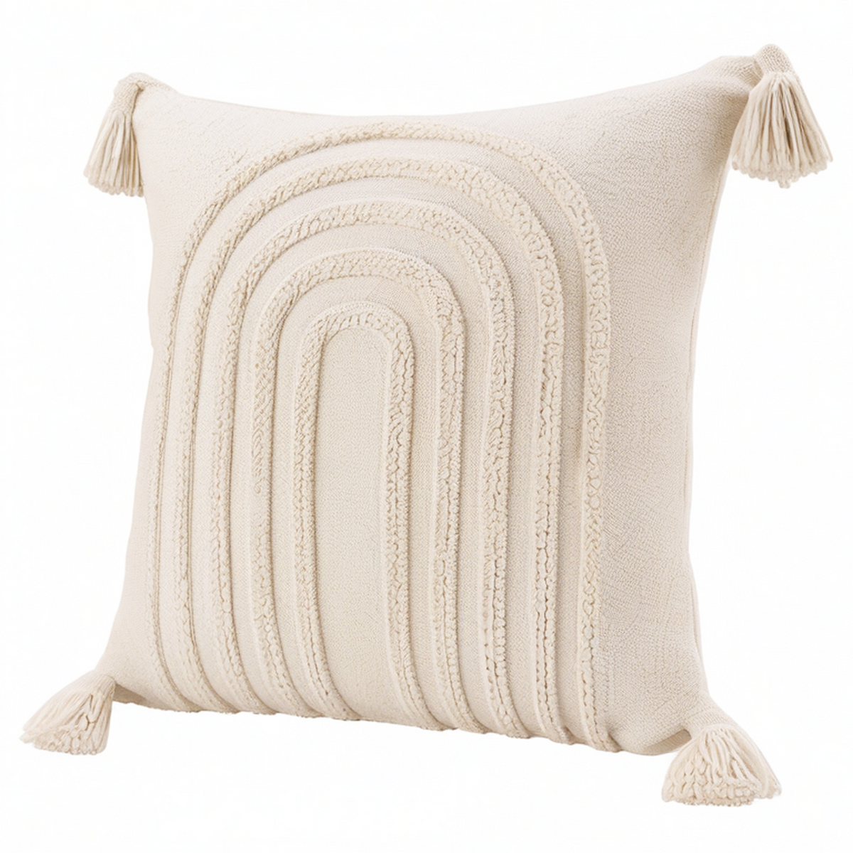 Cojín decorativo 45 x 45 cm de algodón beige con borlas y relieve