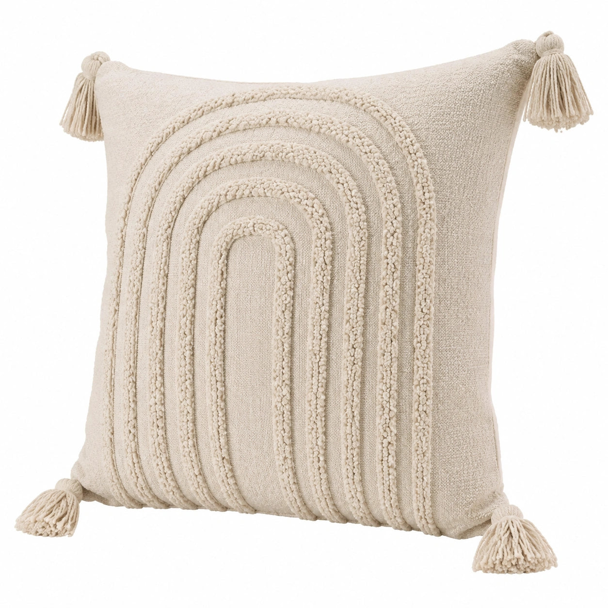 Cojín decorativo 45 x 45 cm de algodón beige con borlas y relieve