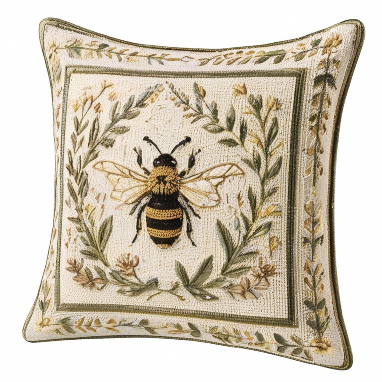 Cojín decorativo cuadrado 45 cm de tejido crema con bordado floral y abeja