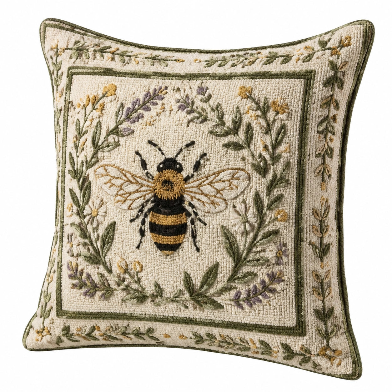 Cojín decorativo cuadrado 45 cm de tejido crema con bordado floral y abeja