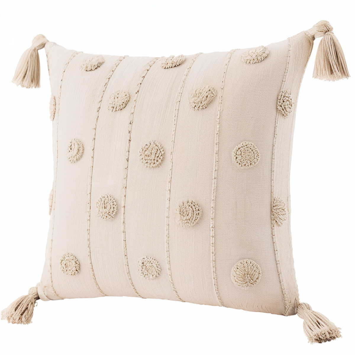 Cojín decorativo 45 x 45 cm beige de tejido texturizado con borlas estilo bohemio