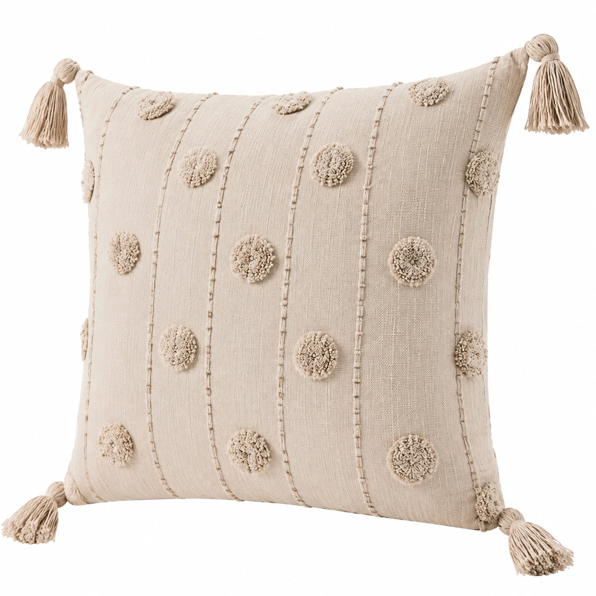 Cojín decorativo 45 x 45 cm beige de tejido texturizado con borlas estilo bohemio