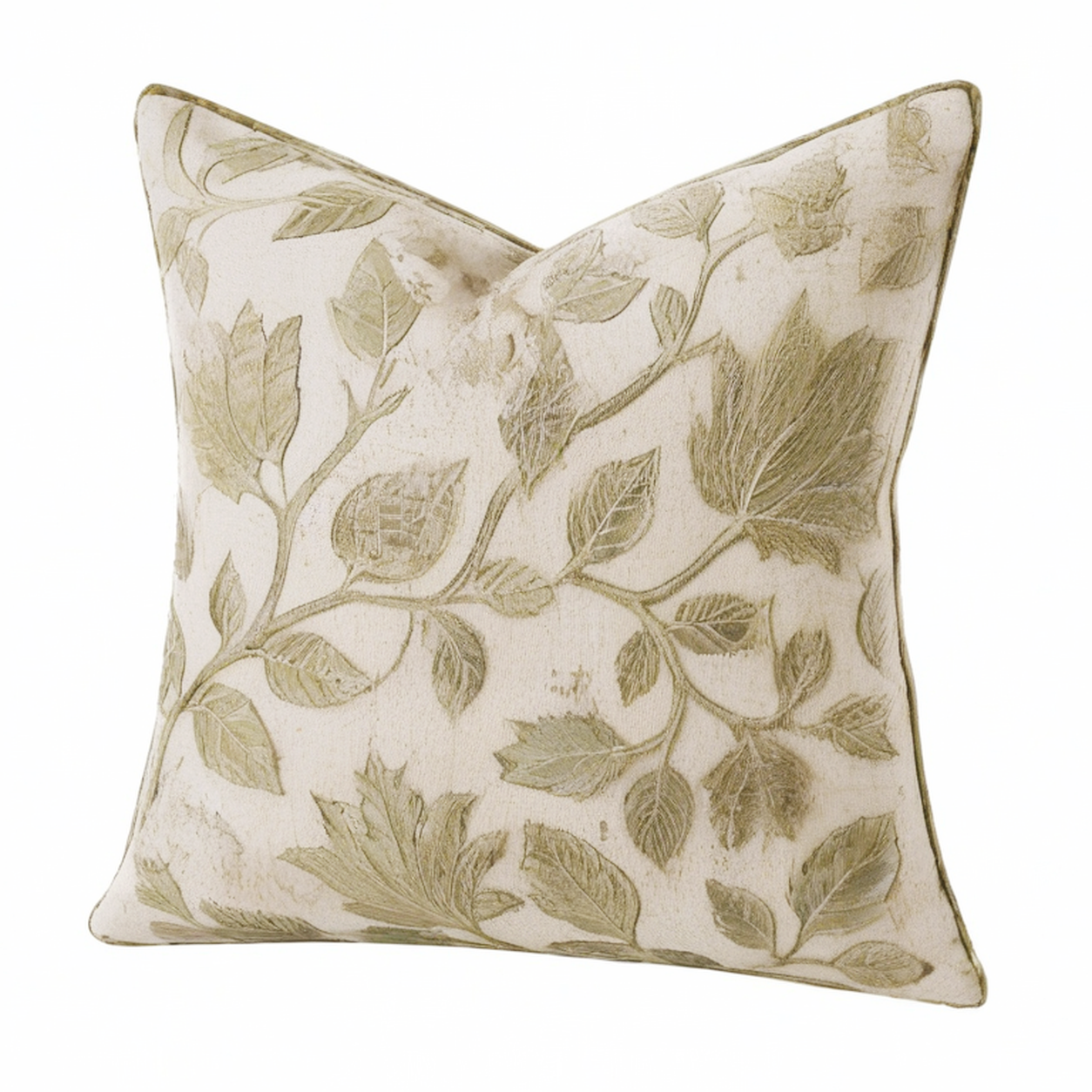 Cojín decorativo cuadrado 45 cm de tela beige y verde con estampado floral botánico