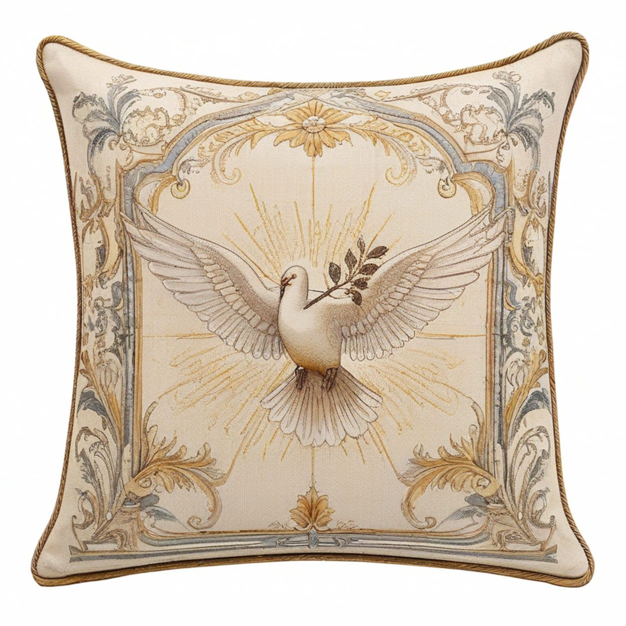 Cojín decorativo cuadrado 45 x 45 cm de tejido beige con paloma estilo clásico