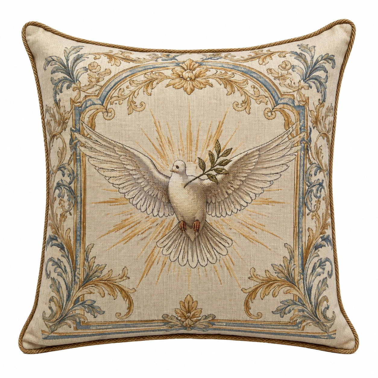 Cojín decorativo cuadrado 45 x 45 cm de tejido beige con paloma estilo clásico