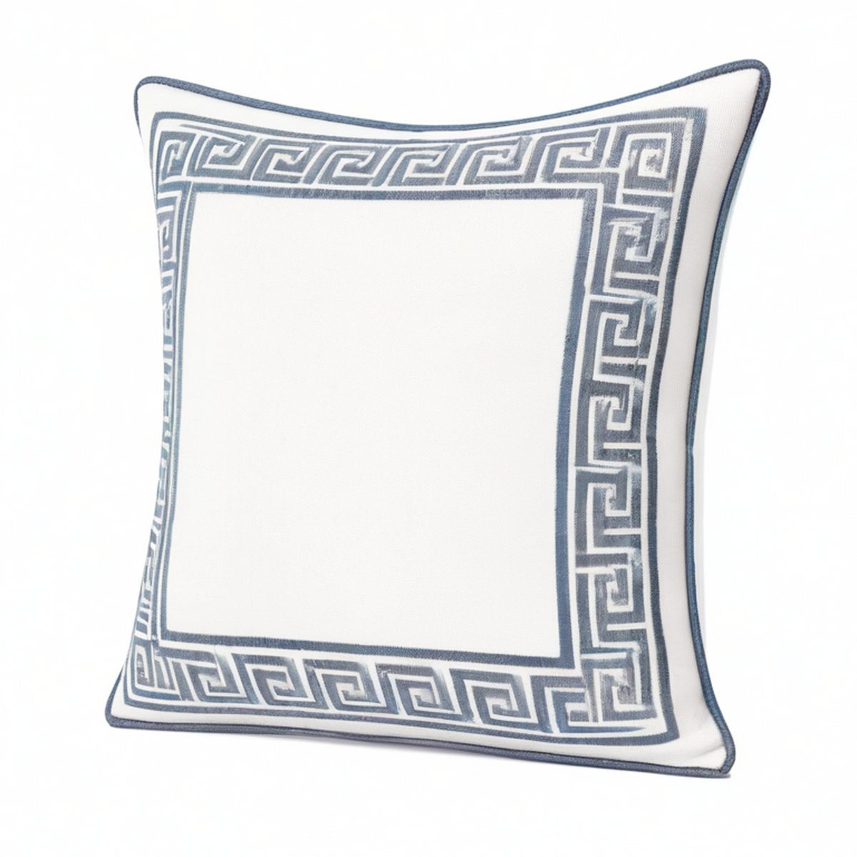 Cojín cuadrado 45 cm blanco y azul con ribete decorativo