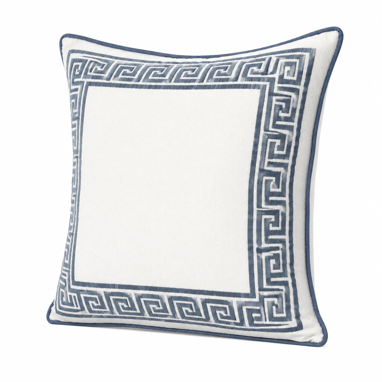 Cojín cuadrado 45 cm blanco y azul con ribete decorativo
