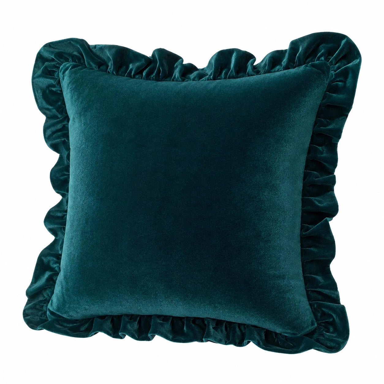 Cojín cuadrado 45 cm de terciopelo verde oscuro con volante decorativo