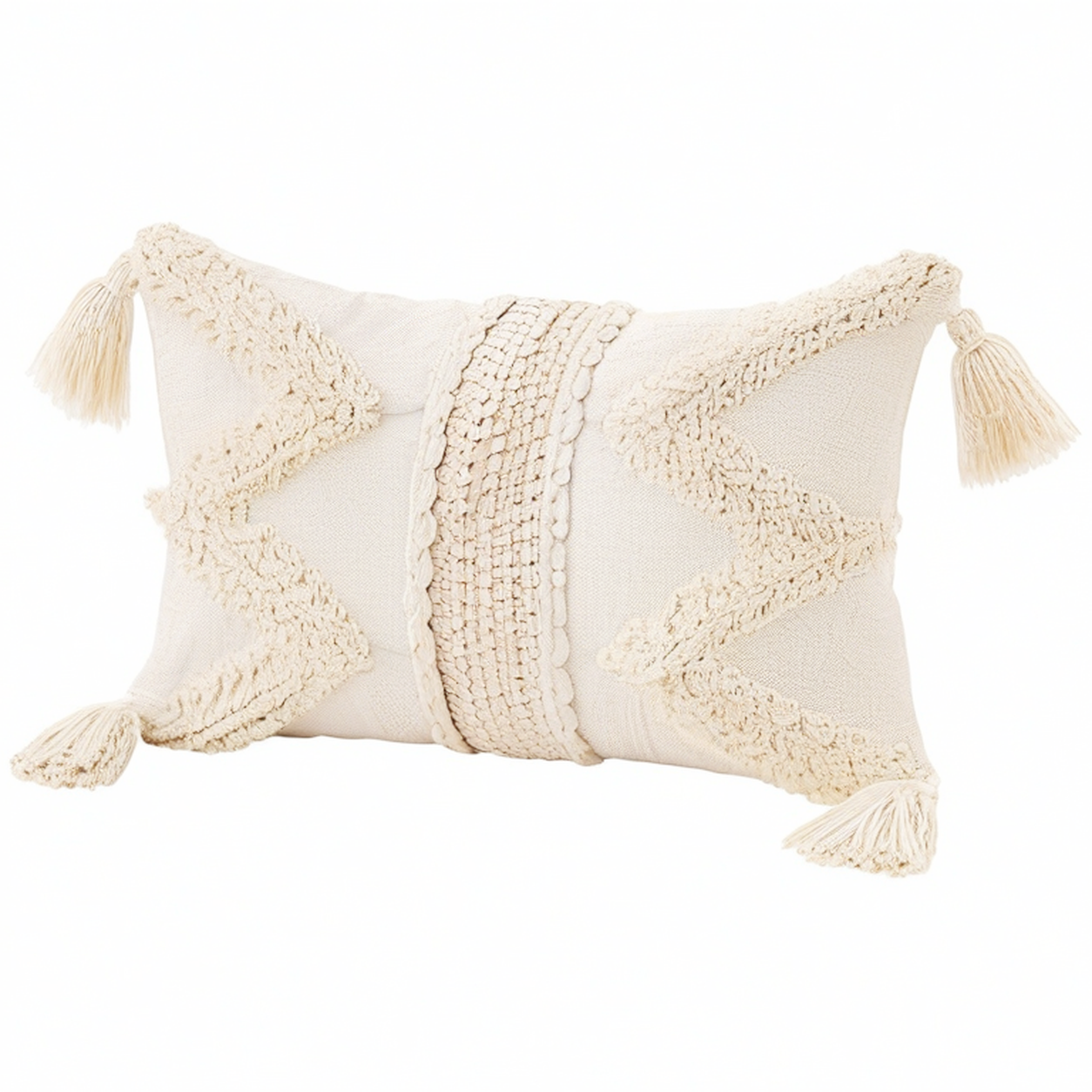 Cojín decorativo rectangular 50 x 30 cm beige de tejido texturizado con borlas estilo bohemio