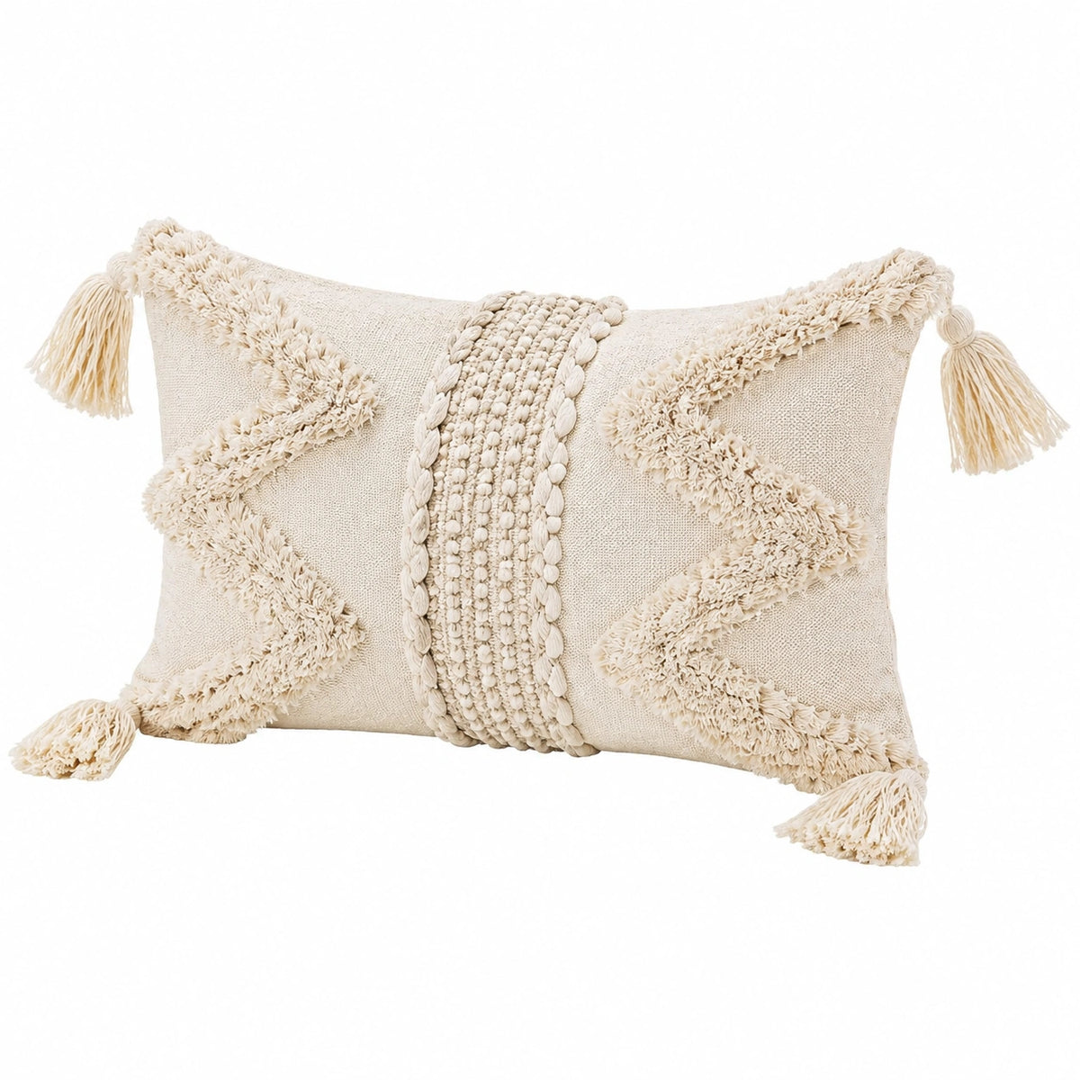 Cojín decorativo rectangular 50 x 30 cm beige de tejido texturizado con borlas estilo bohemio