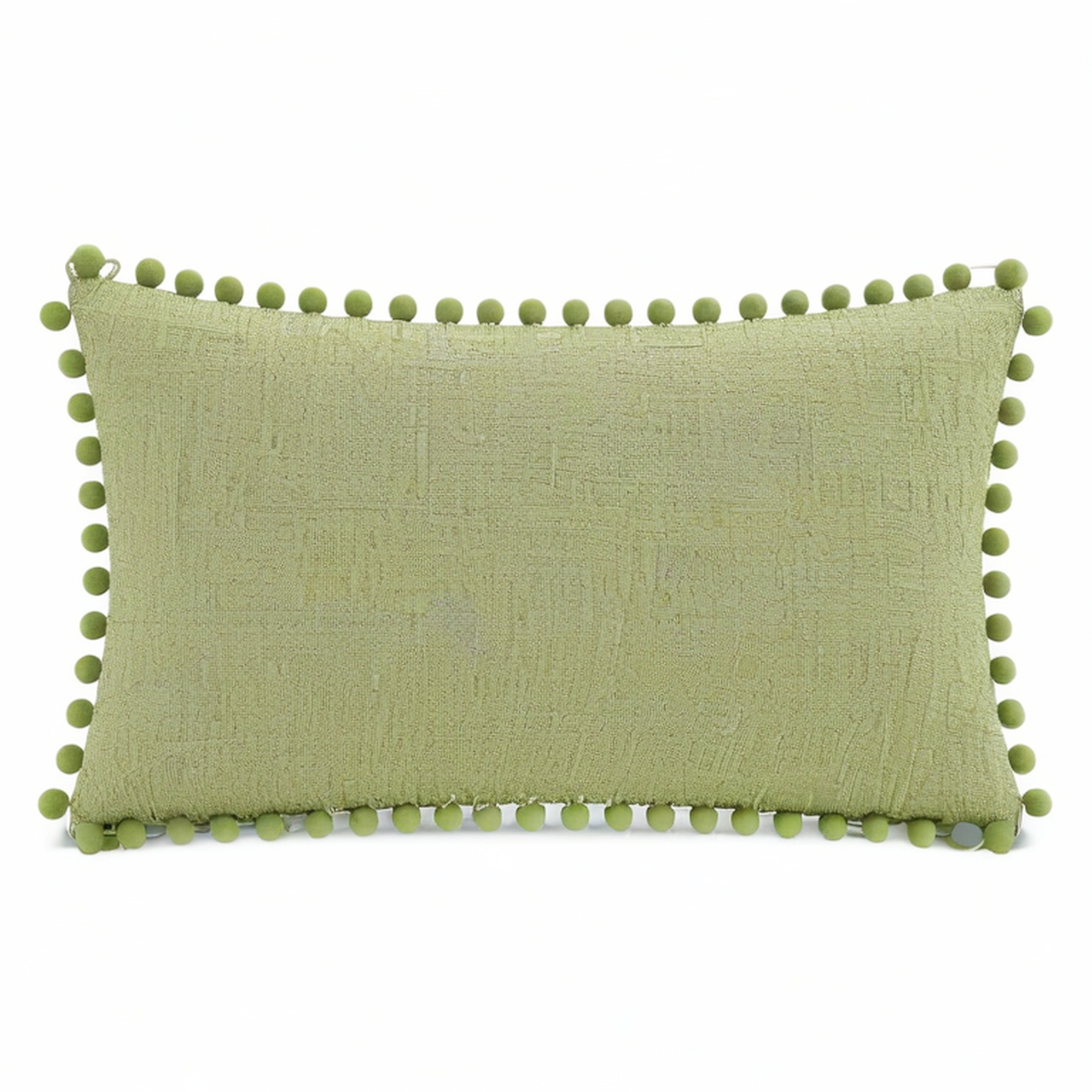 Cojín rectangular 50 x 30 cm de tejido verde con pompones decorativo