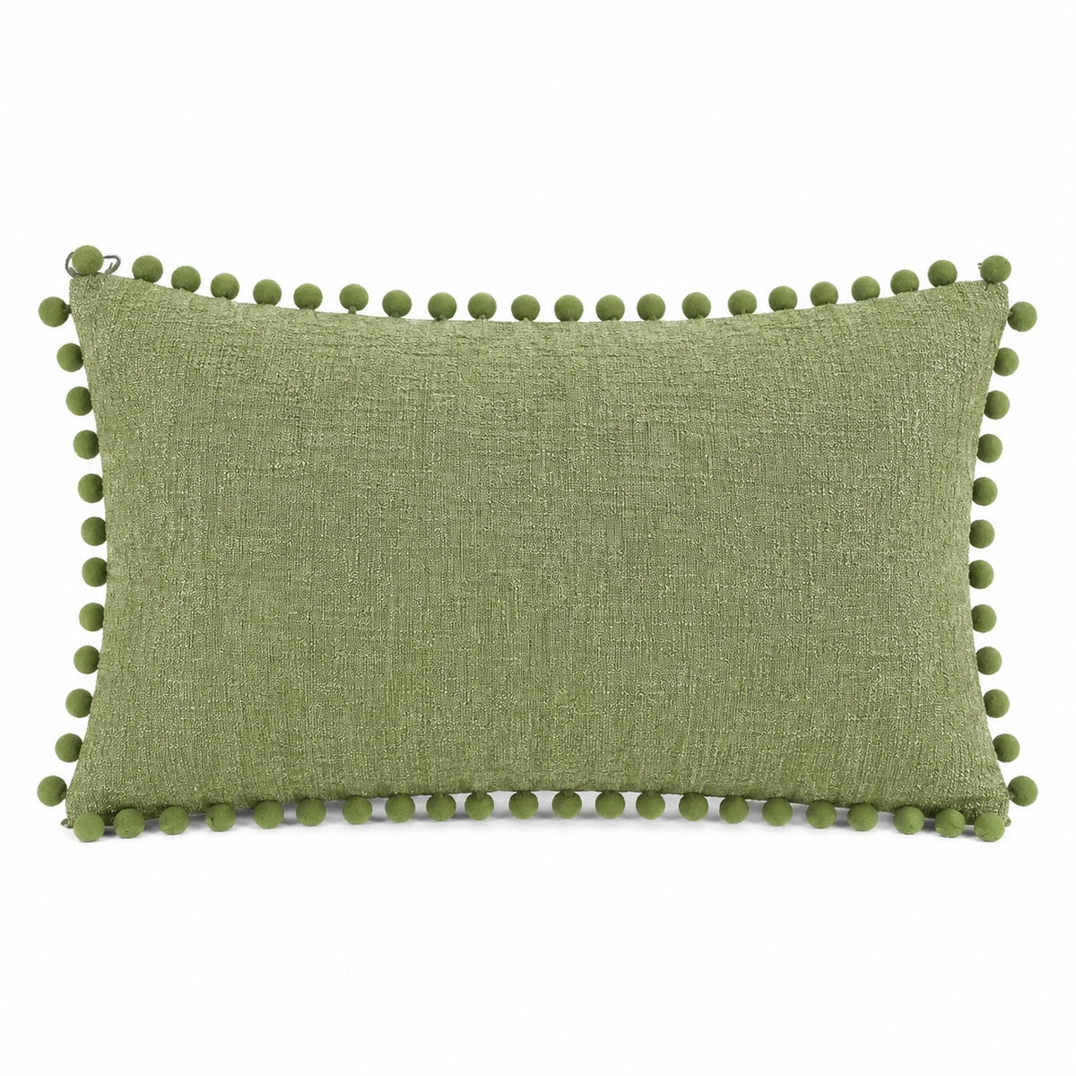 Cojín rectangular 50 x 30 cm de tejido verde con pompones decorativo