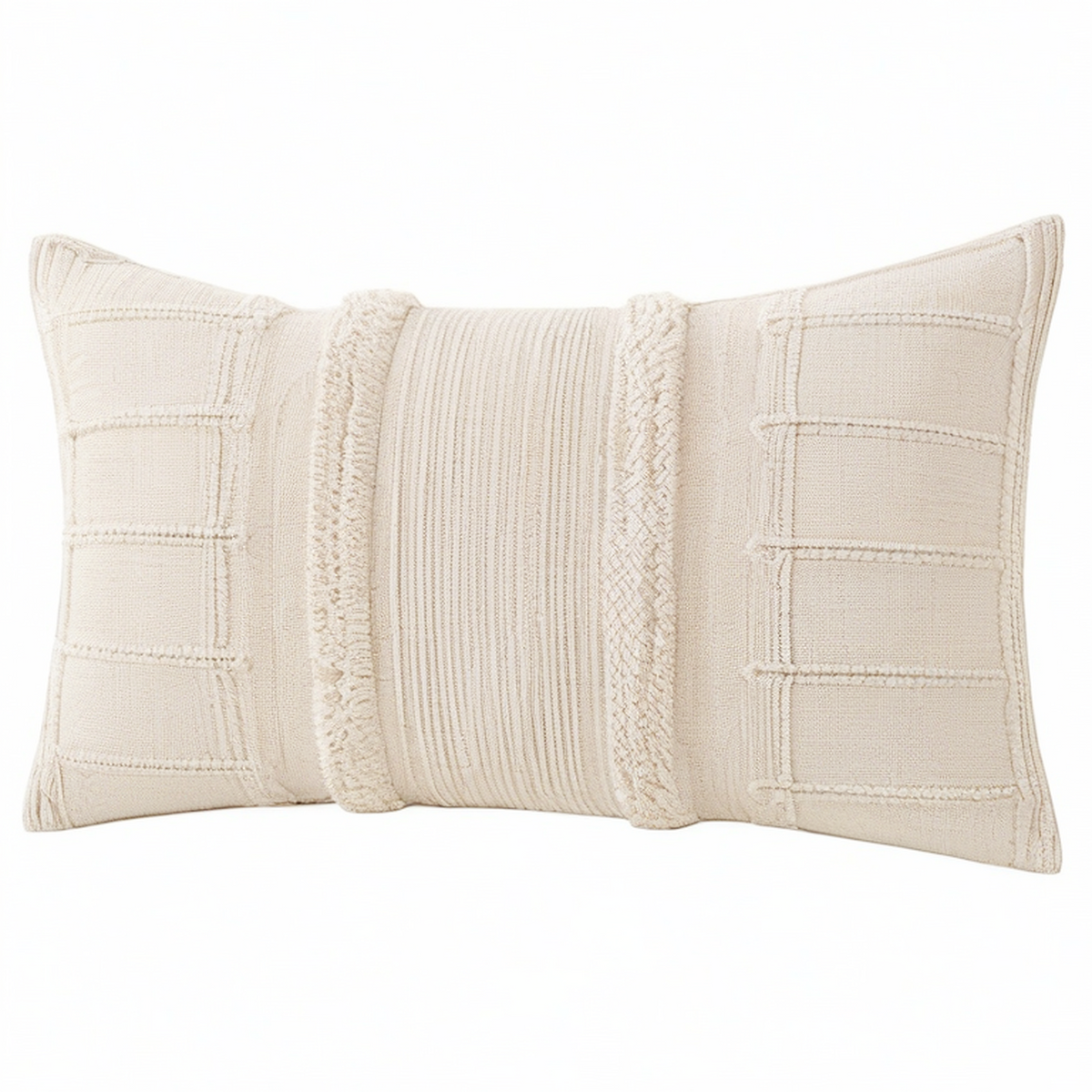 Cojín rectangular 50 x 30 cm de tejido beige con textura estilo bohemio