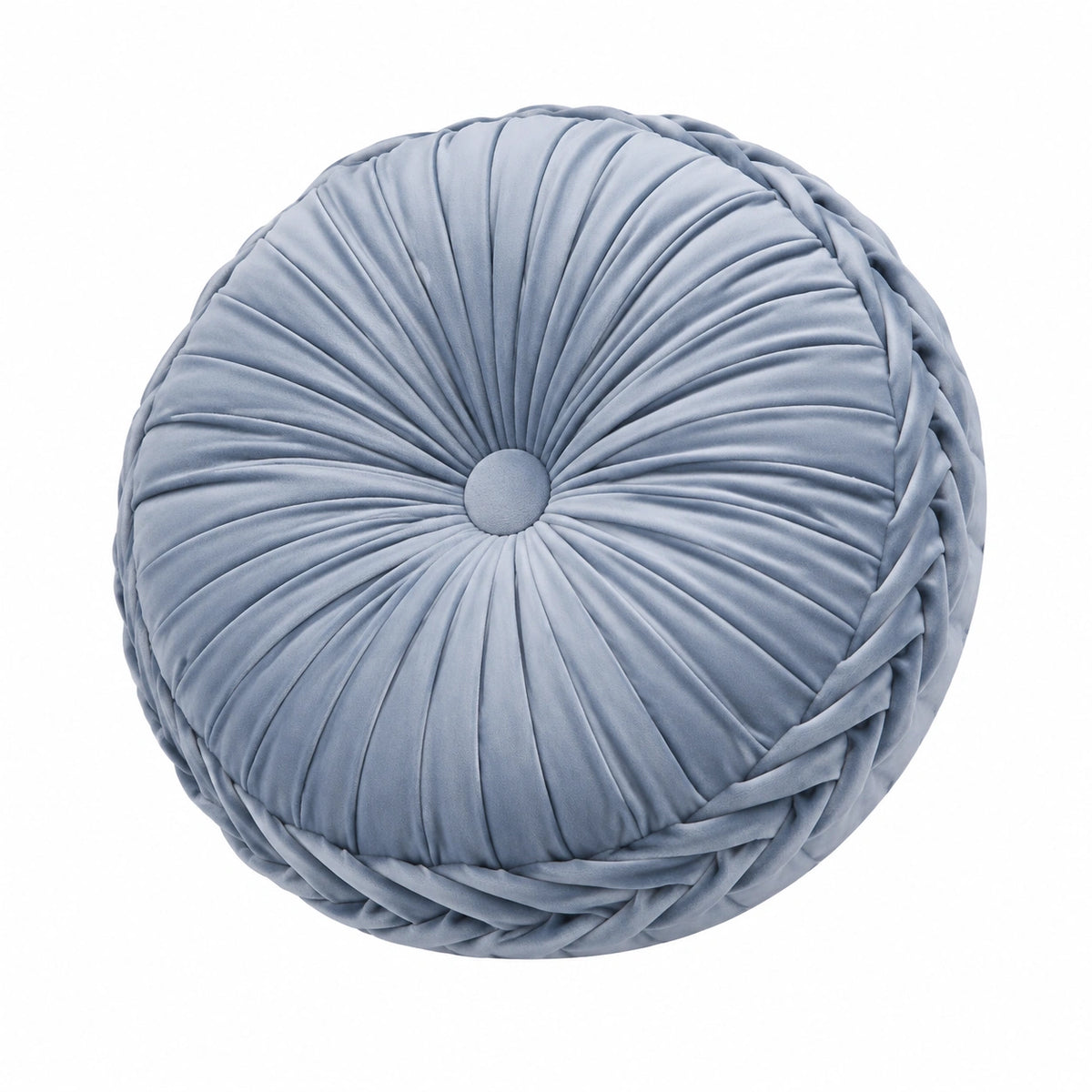Cojín decorativo redondo 45 cm de terciopelo azul grisáceo con pliegues