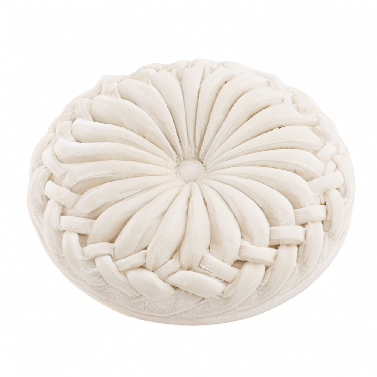 Cojín decorativo redondo 45 cm de tejido afelpado beige con diseño trenzado