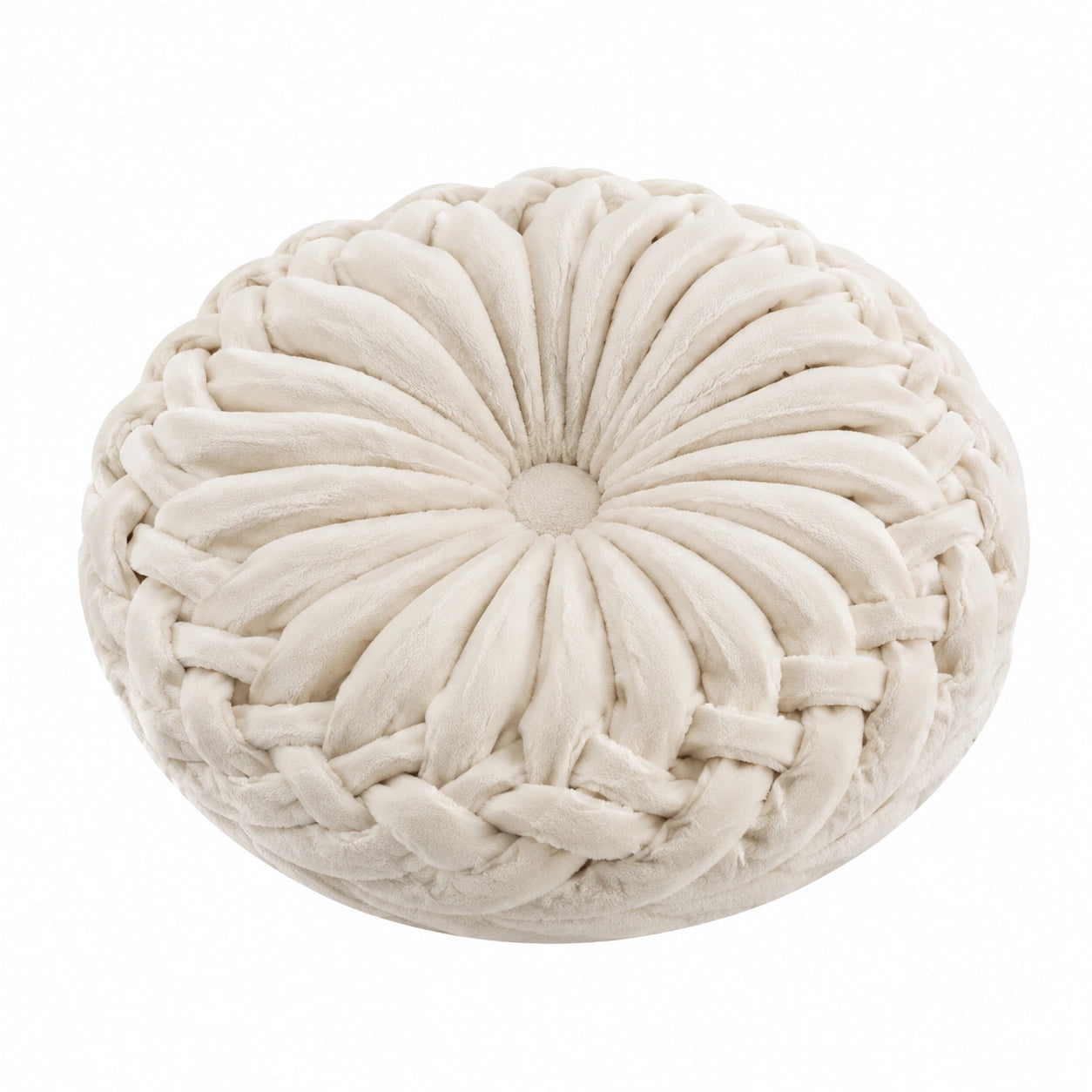 Cojín decorativo redondo 45 cm de tejido afelpado beige con diseño trenzado
